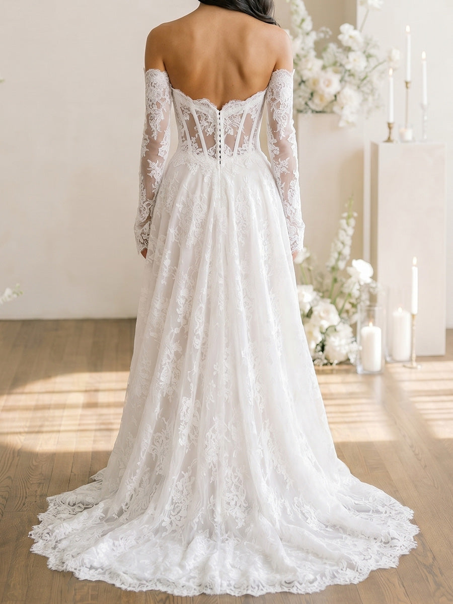 A-line/Princess Straight Long Sleeves Appliques Lace Sweep Train Lace Wedding Dresses