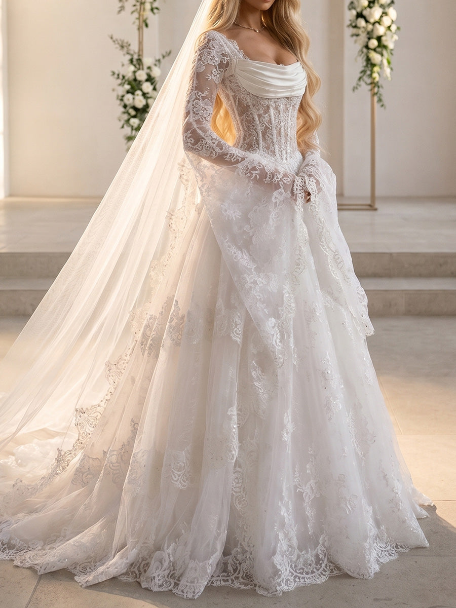 A-line/Princess Scoop Long Sleeves Appliques Lace Sweep Train Lace Wedding Dresses