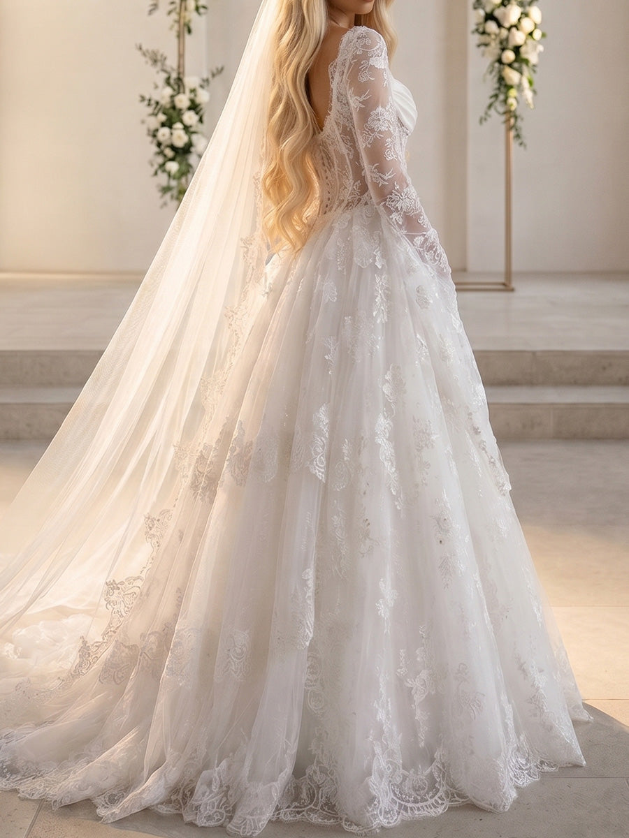 A-line/Princess Scoop Long Sleeves Appliques Lace Sweep Train Lace Wedding Dresses