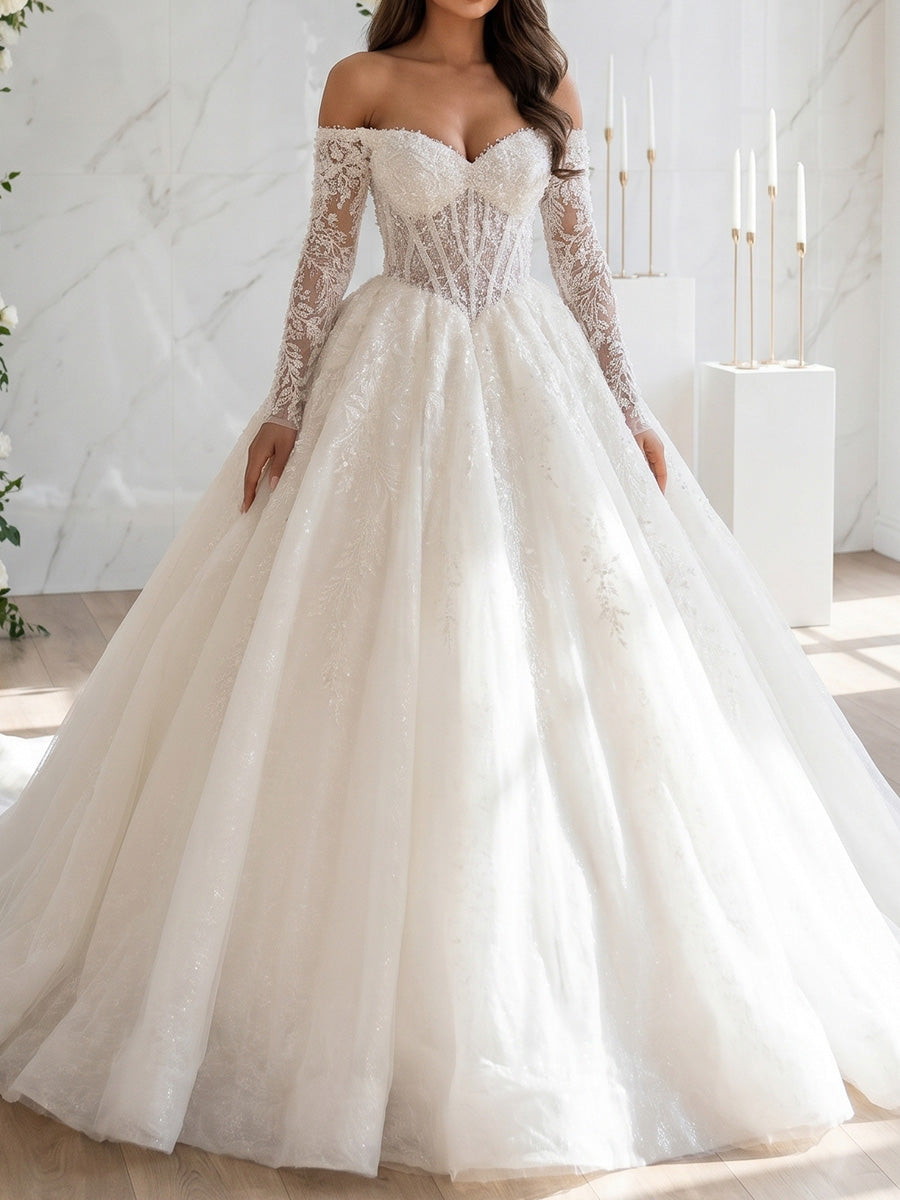 A-line/Princess Off-the-Shoulder Long Sleeves Appliques Lace Sweep Train Lace Wedding Dresses