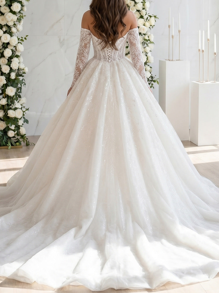 A-line/Princess Off-the-Shoulder Long Sleeves Appliques Lace Sweep Train Lace Wedding Dresses