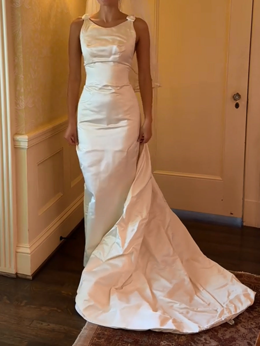 Sheath/Column Scoop Bow Ankle-Length Taffeta Wedding Dresses