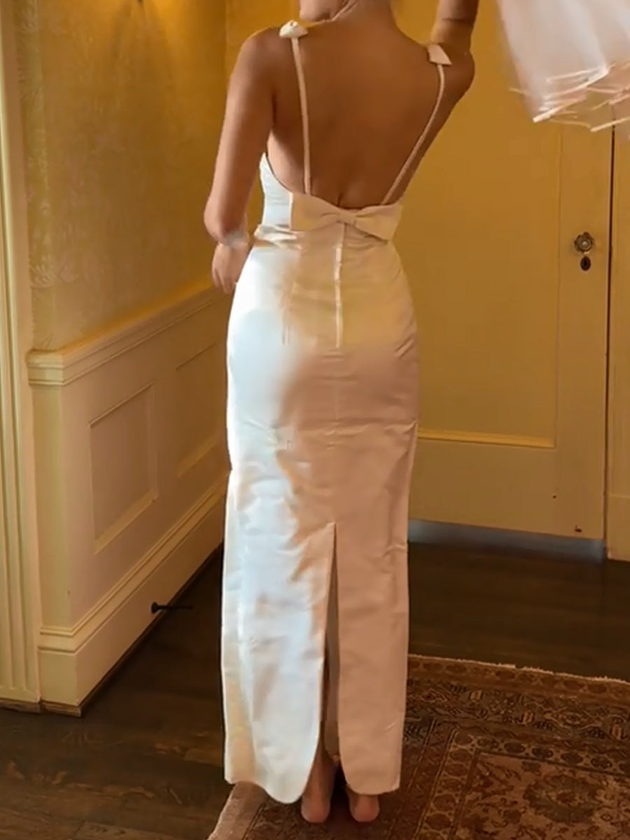 Sheath/Column Scoop Bow Ankle-Length Taffeta Wedding Dresses