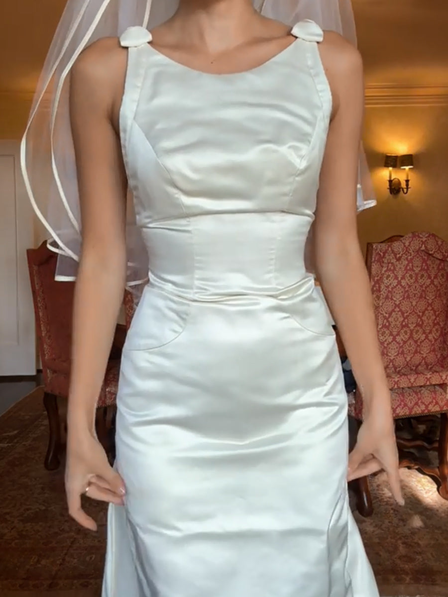 Sheath/Column Scoop Bow Ankle-Length Taffeta Wedding Dresses