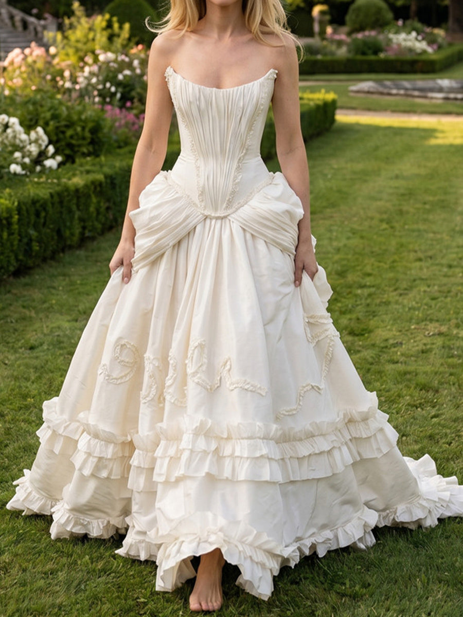 A-line/Princess Straight Ruffles Sweep Train Stretch Crepe Wedding Dresses