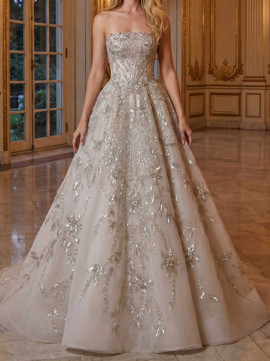 A-line/Princess Straight Beading Sweep Train Lace Wedding Dresses