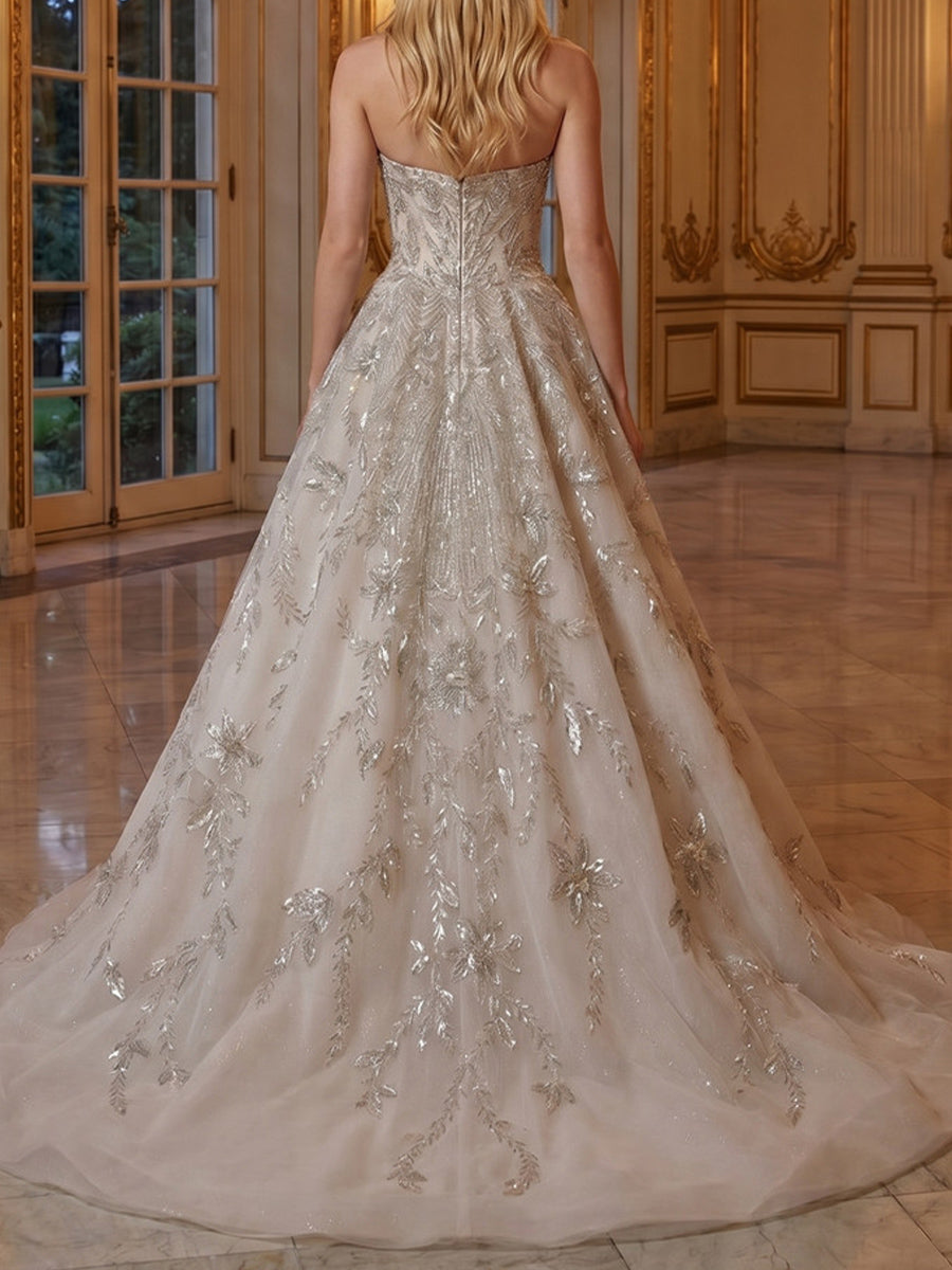 A-line/Princess Straight Beading Sweep Train Lace Wedding Dresses