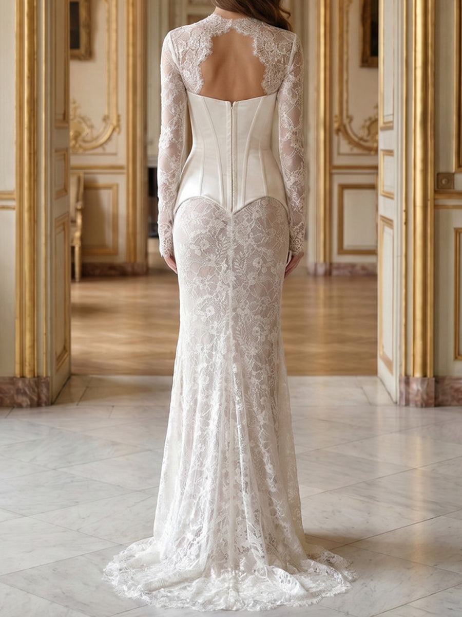 Sheath/Column V-neck Long Sleeves Appliques Lace Sweep Train Lace Wedding Dresses