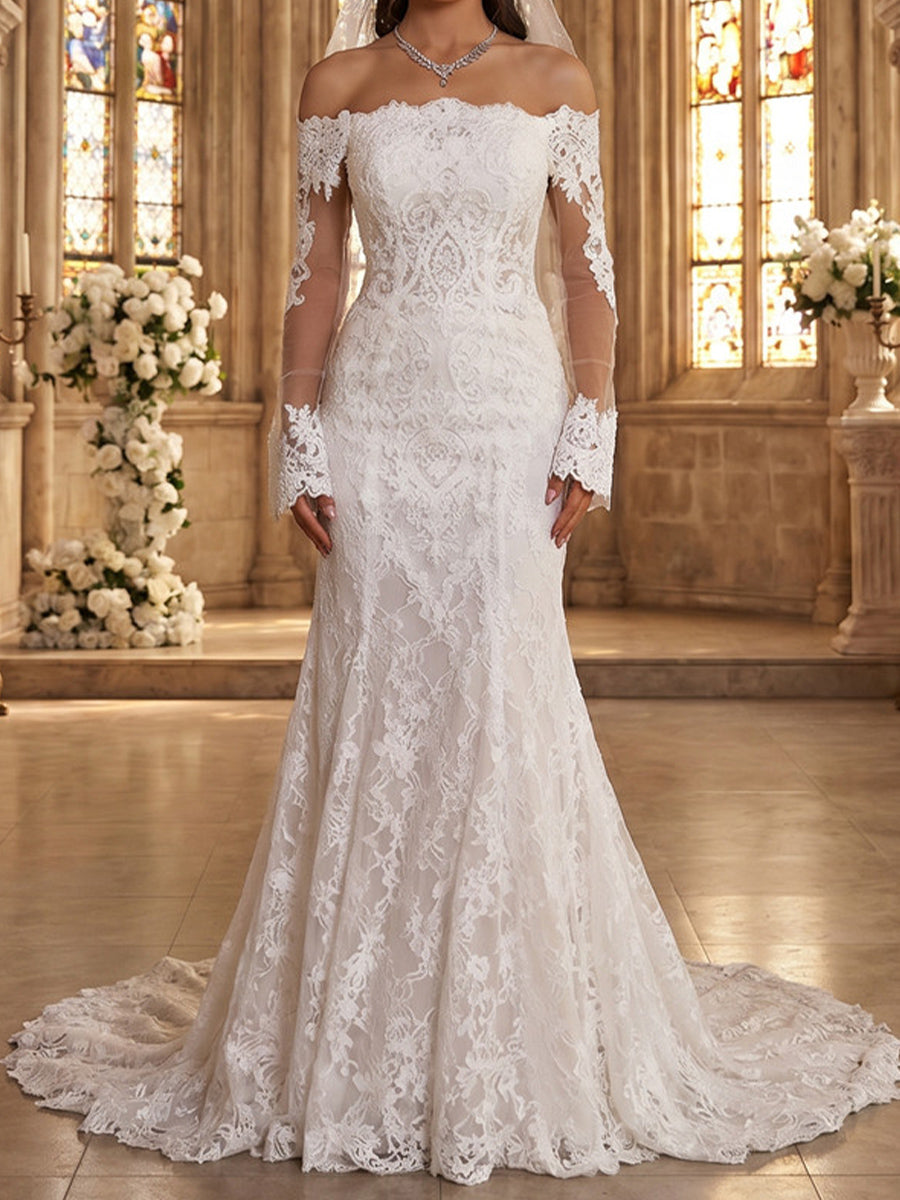 Sheath/Column Off-the-Shoulder Long Sleeves Appliques Lace Sweep Train Lace Wedding Dresses