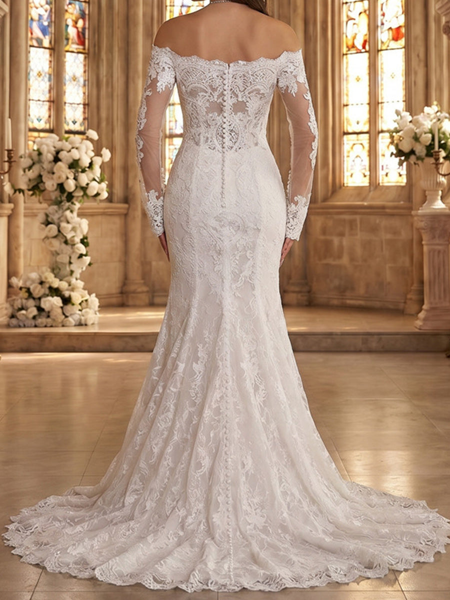 Sheath/Column Off-the-Shoulder Long Sleeves Appliques Lace Sweep Train Lace Wedding Dresses