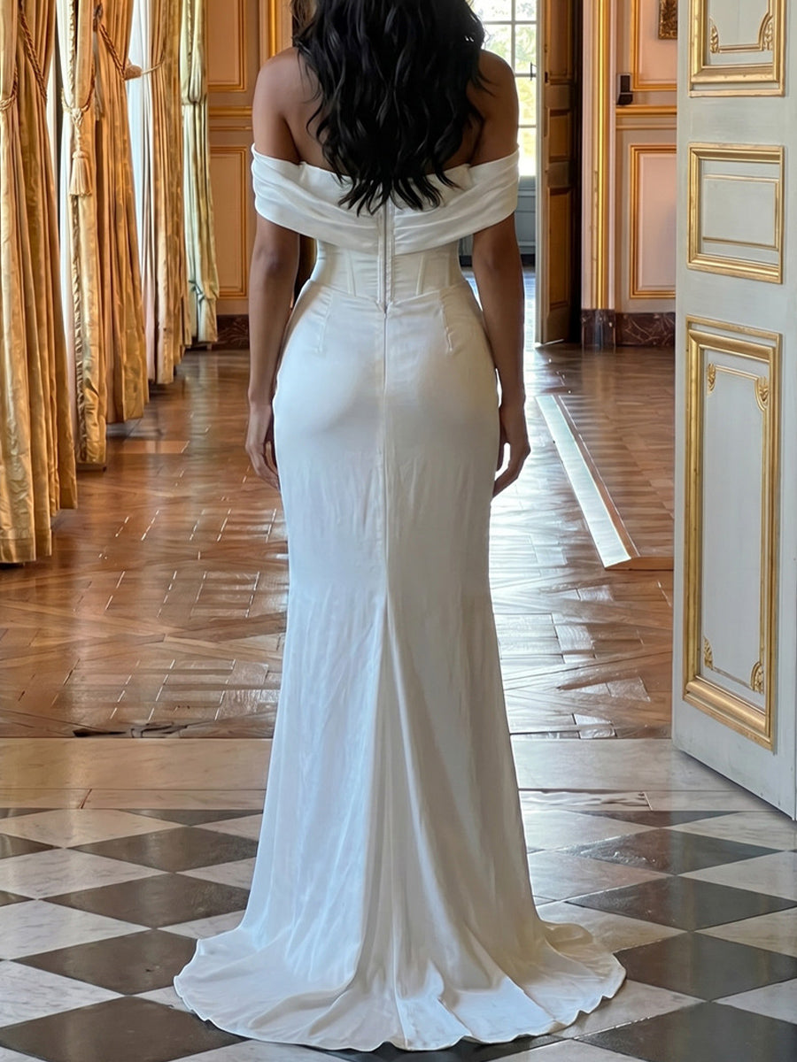 Sheath/Column Off-the-Shoulder Pleated Sweep Train Satin Wedding Dresses