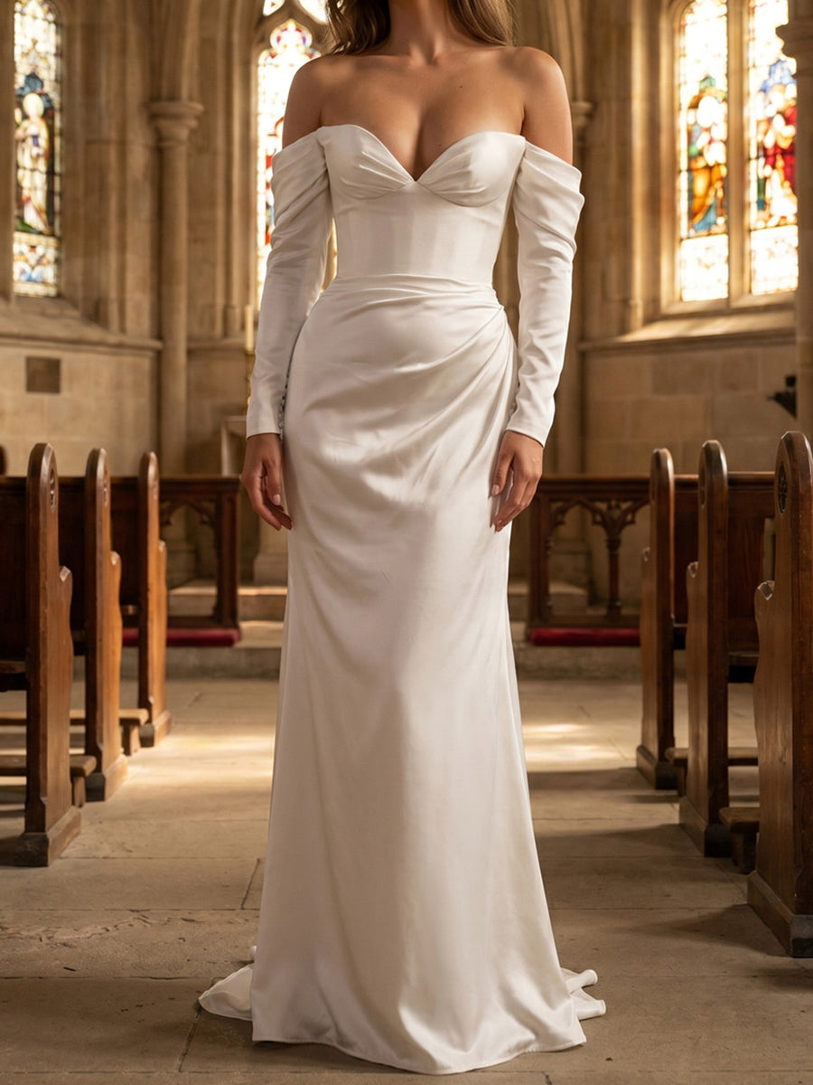 Sheath/Column Off-the-Shoulder Long Sleeves Pleated Sweep Train Satin Wedding Dresses