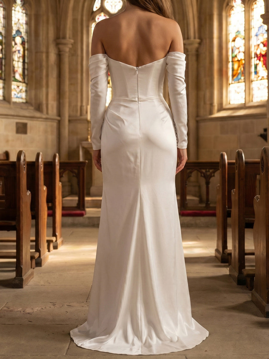 Sheath/Column Off-the-Shoulder Long Sleeves Pleated Sweep Train Satin Wedding Dresses