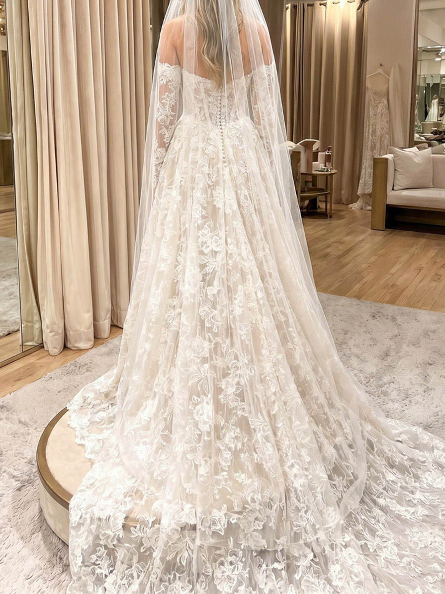 A-line/Princess Off-the-Shoulder Long Sleeves Appliques Lace Court Train Lace Wedding Dresses