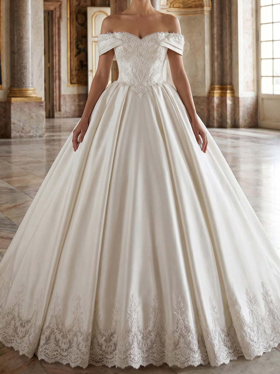 A-line/Princess Off-the-Shoulder Appliques Lace Court Train Satin Wedding Dresses