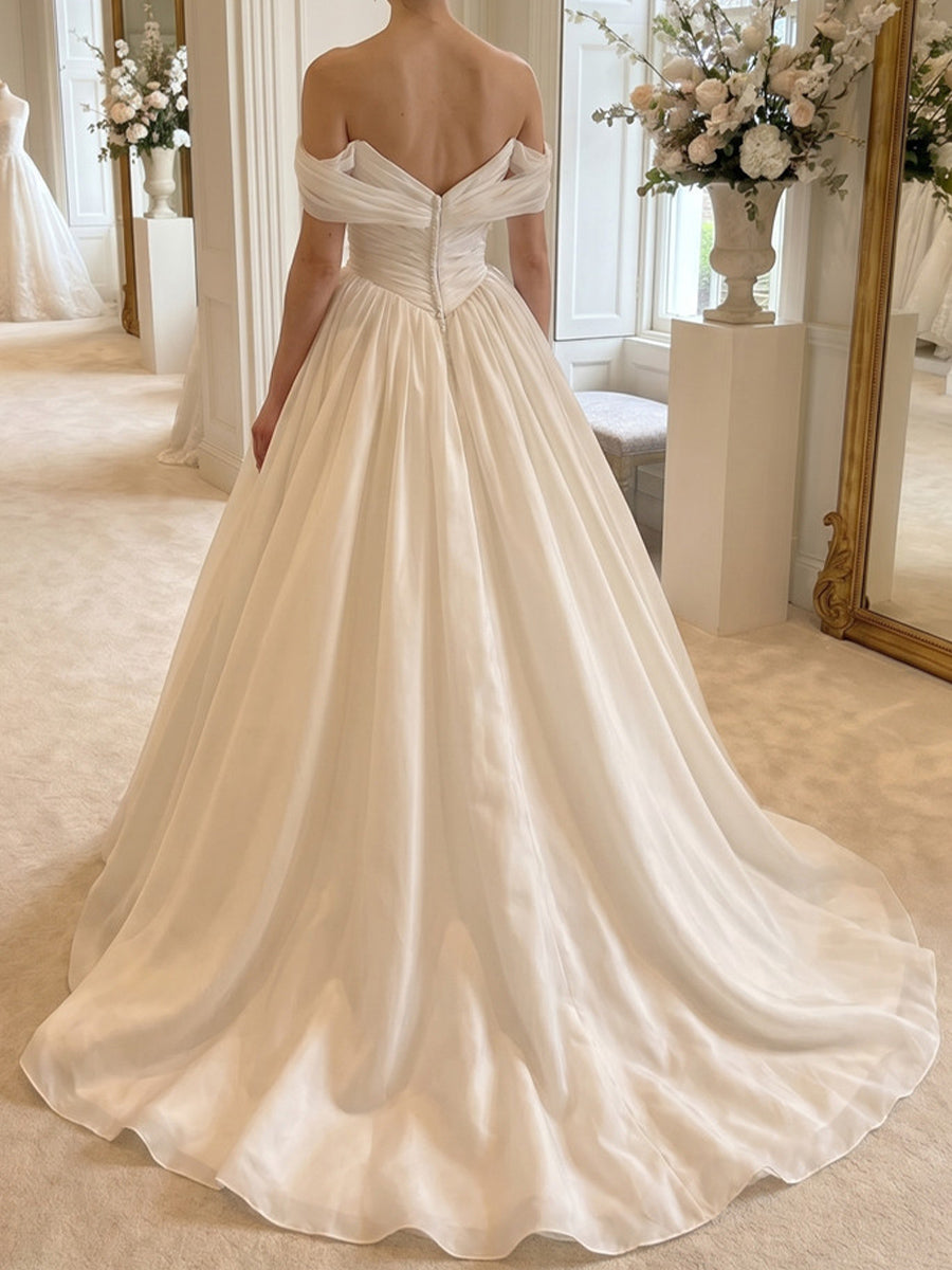 A-line/Princess Off-the-Shoulder Pleated Court Train Satin Wedding Dresses
