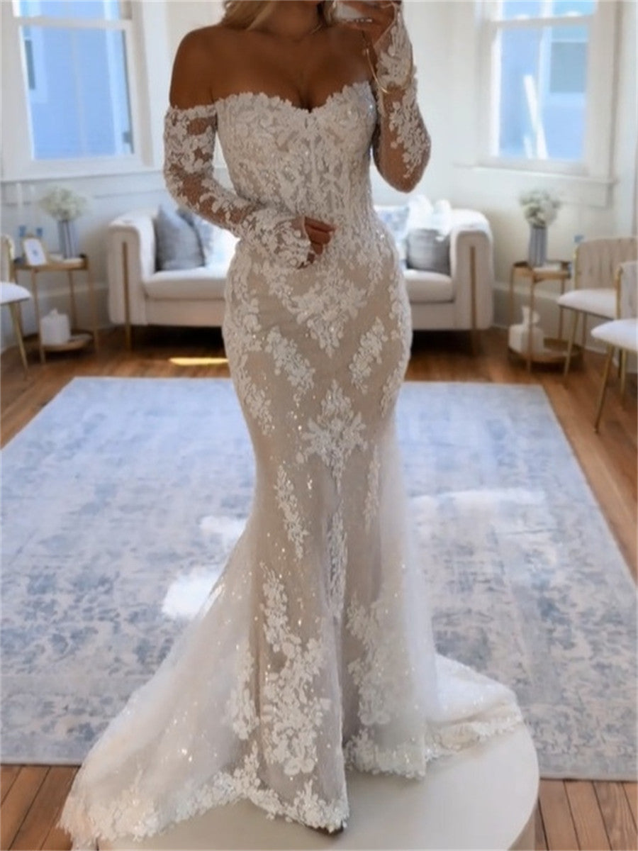 Trumpet/Mermaid Off-the-Shoulder Long Sleeves Appliques Lace Sweep Train Tulle Wedding Dresses