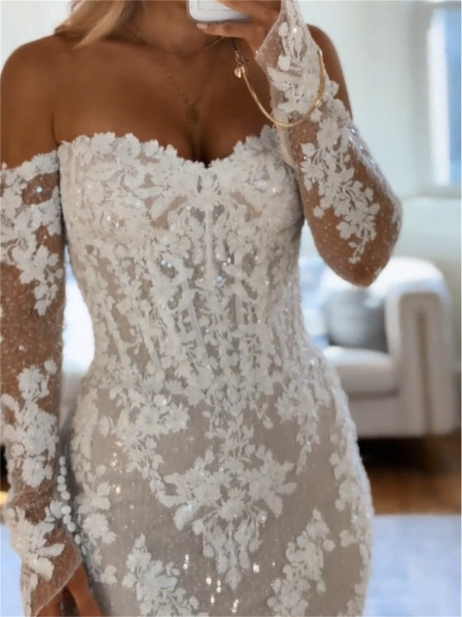 Trumpet/Mermaid Off-the-Shoulder Long Sleeves Appliques Lace Sweep Train Tulle Wedding Dresses