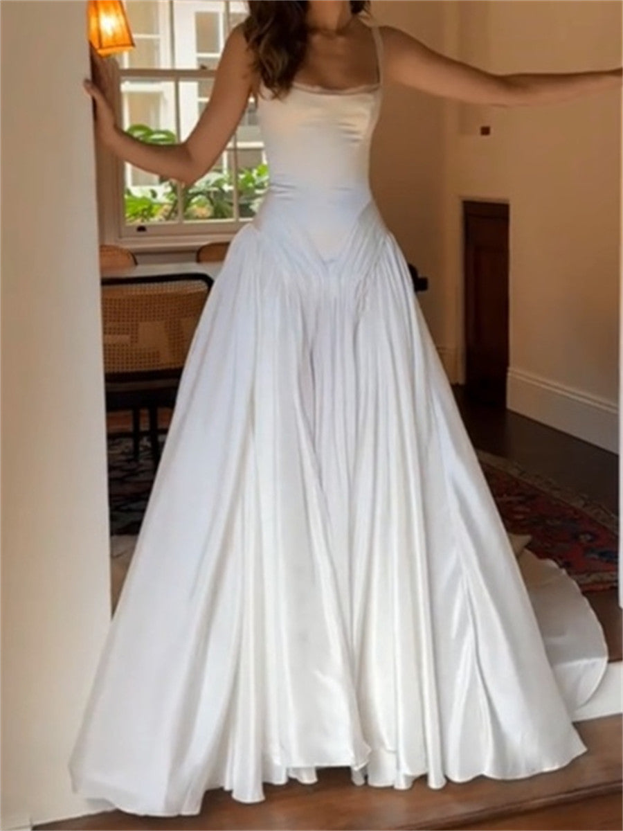 A-line/Princess Straps Pleated Court Train Satin Chiffon Wedding Dresses
