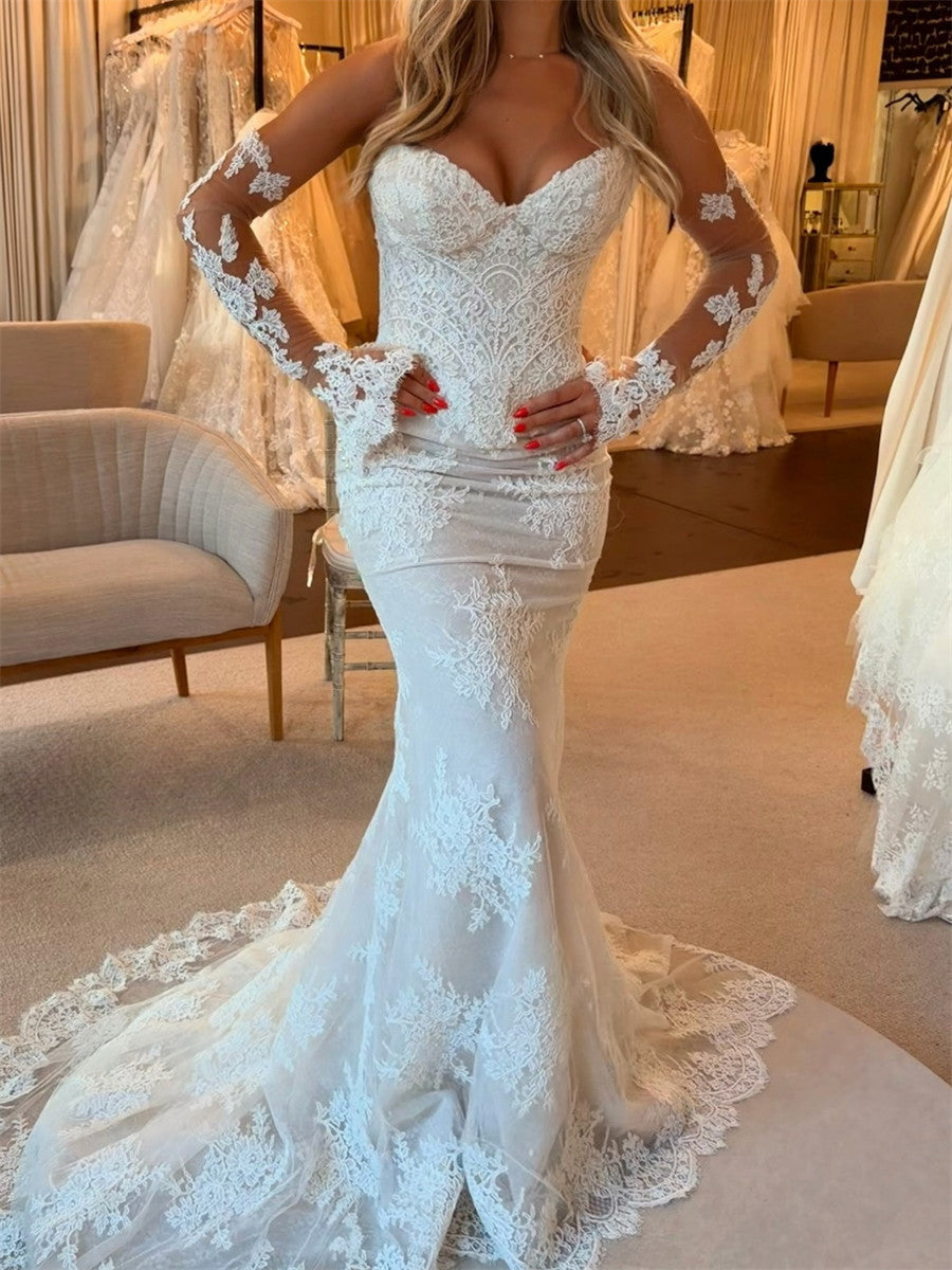 Trumpet/Mermaid Sweetheart Appliques Lace Court Train Lace Wedding Dresses