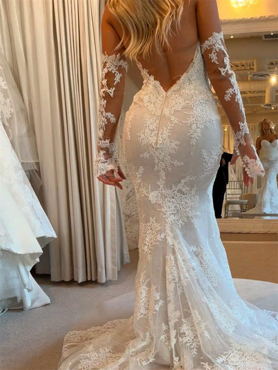 Trumpet/Mermaid Sweetheart Appliques Lace Court Train Lace Wedding Dresses