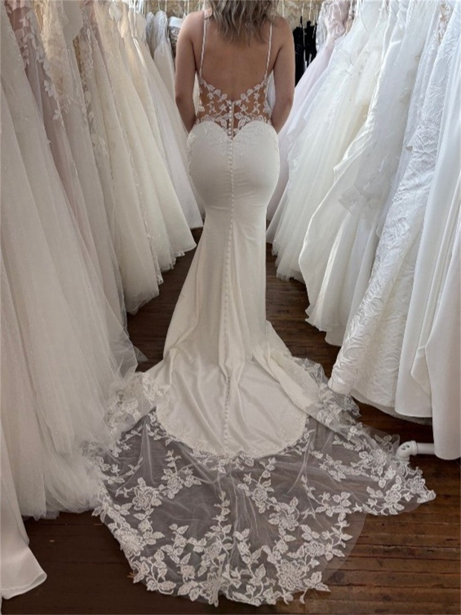 Sheath/Column Spaghetti Straps Appliques Lace Chapel Train Jersey Wedding Dresses