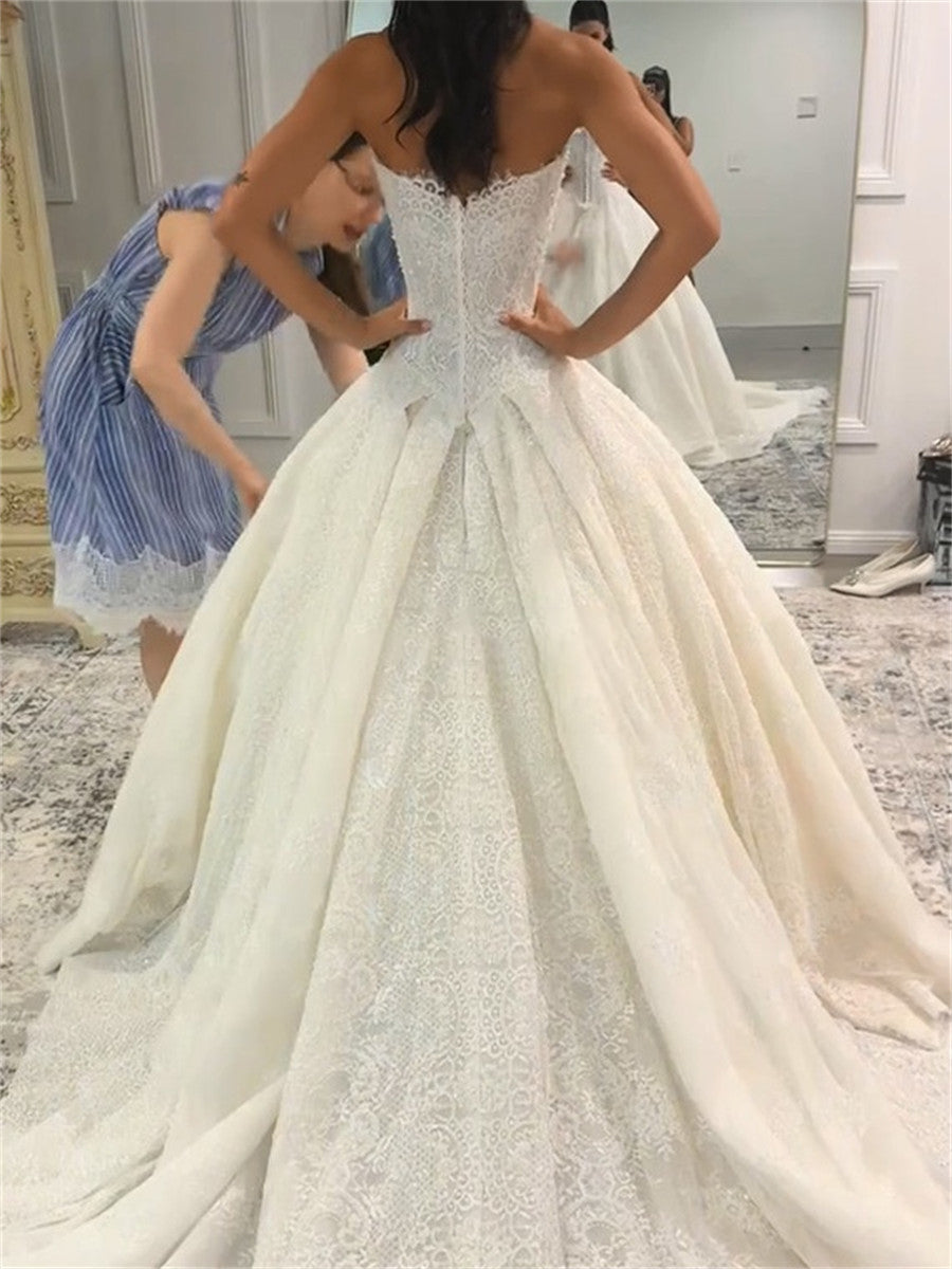 Ball-Gown Sweetheart Appliques Lace Cathedral Train Lace Wedding Dresses