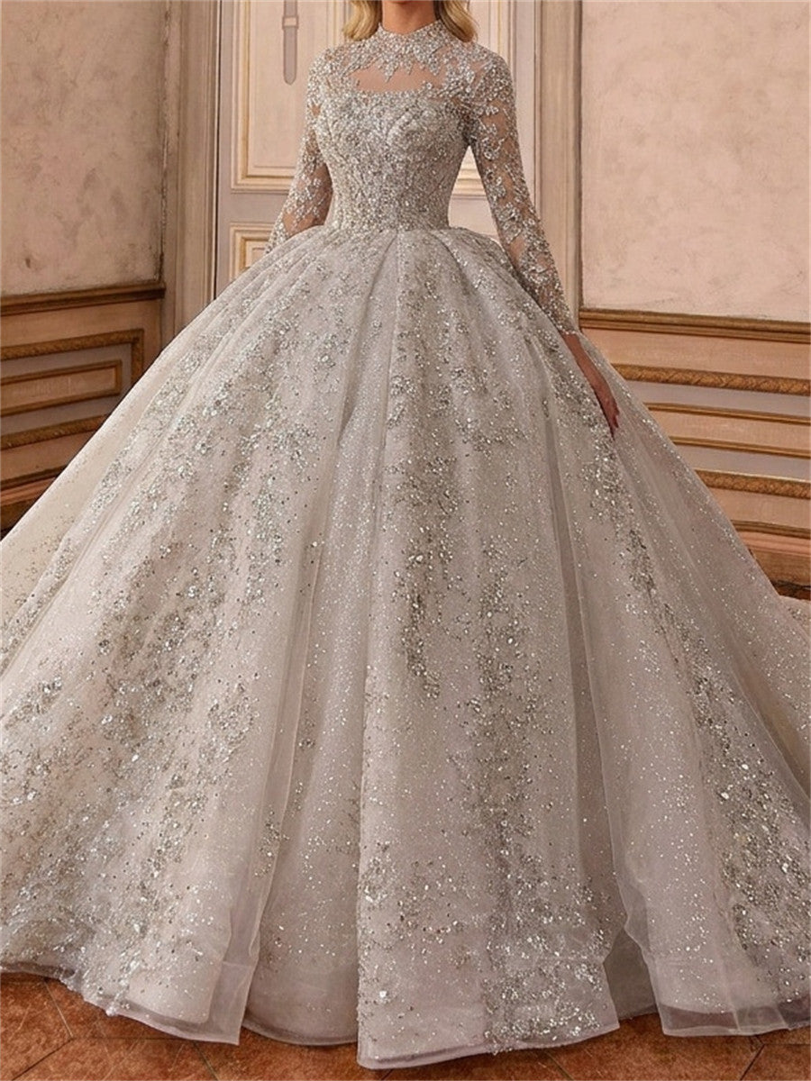 Ball-Gown Straight Sequin Chapel Train Tulle Wedding Dresses