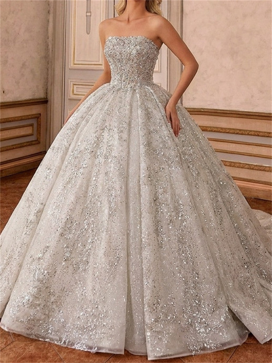 Ball-Gown Straight Sequin Chapel Train Tulle Wedding Dresses