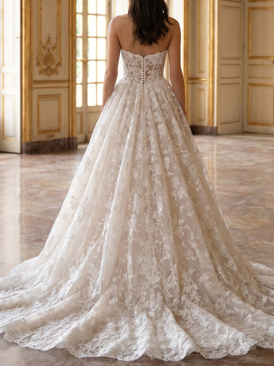A-line/Princess Sweetheart Appliques Lace Sweep Train Lace Wedding Dresses