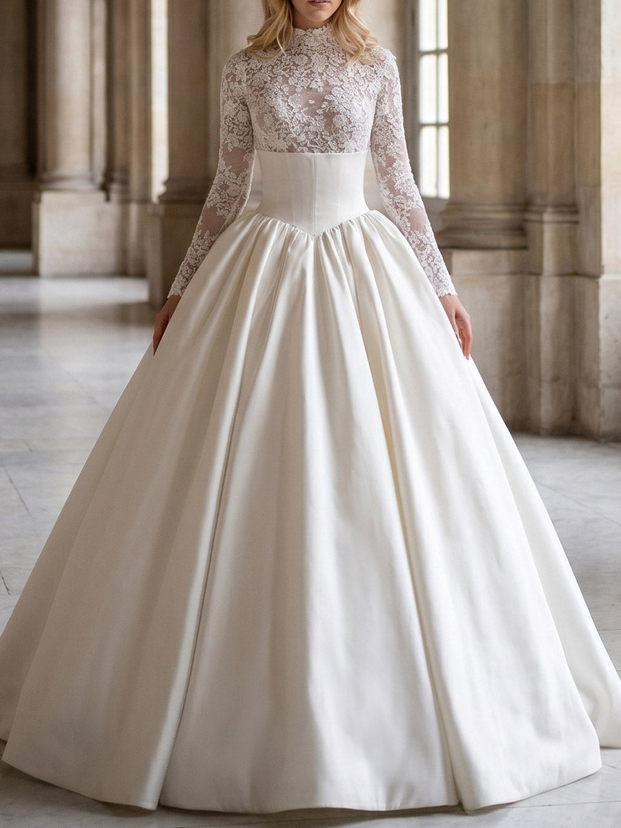 A-line/Princess High Neck Long Sleeves Appliques Lace Sweep Train Lace Wedding Dresses