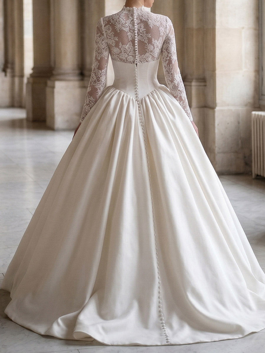 A-line/Princess High Neck Long Sleeves Appliques Lace Sweep Train Lace Wedding Dresses