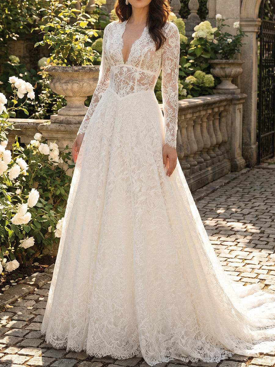 A-line/Princess V-neck Long Sleeves Appliques Lace Sweep Train Lace Wedding Dresses