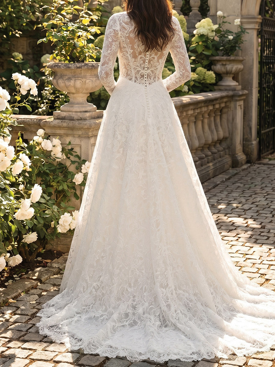 A-line/Princess V-neck Long Sleeves Appliques Lace Sweep Train Lace Wedding Dresses