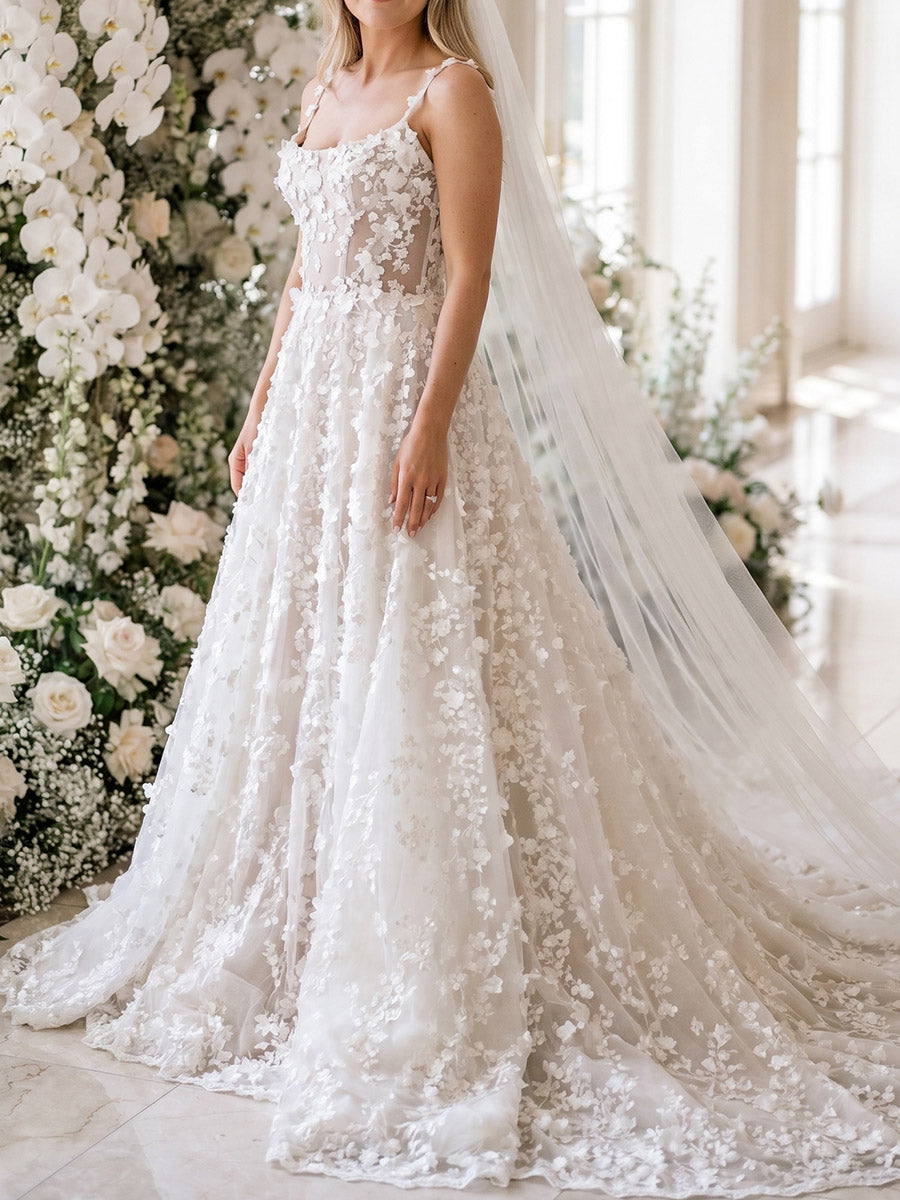 A-line/Princess Square Flower Court Train Lace Wedding Dresses