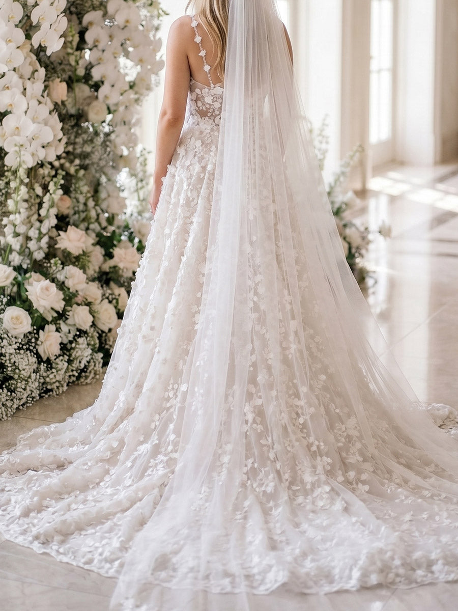 A-line/Princess Square Flower Court Train Lace Wedding Dresses