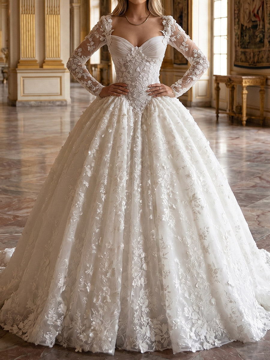 Ball-Gown Sweetheart Long Sleeves Flower Court Train Lace Wedding Dresses