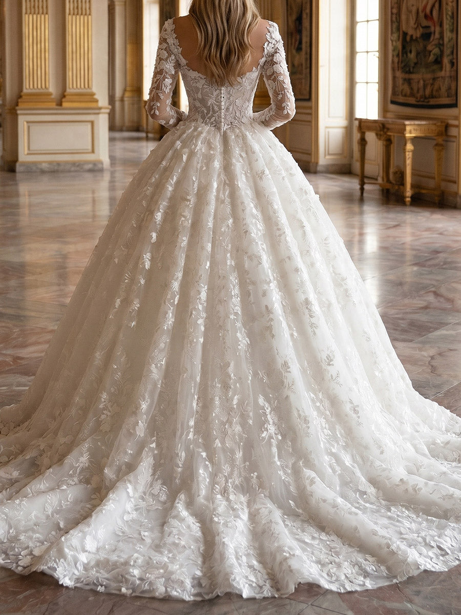 Ball-Gown Sweetheart Long Sleeves Flower Court Train Lace Wedding Dresses