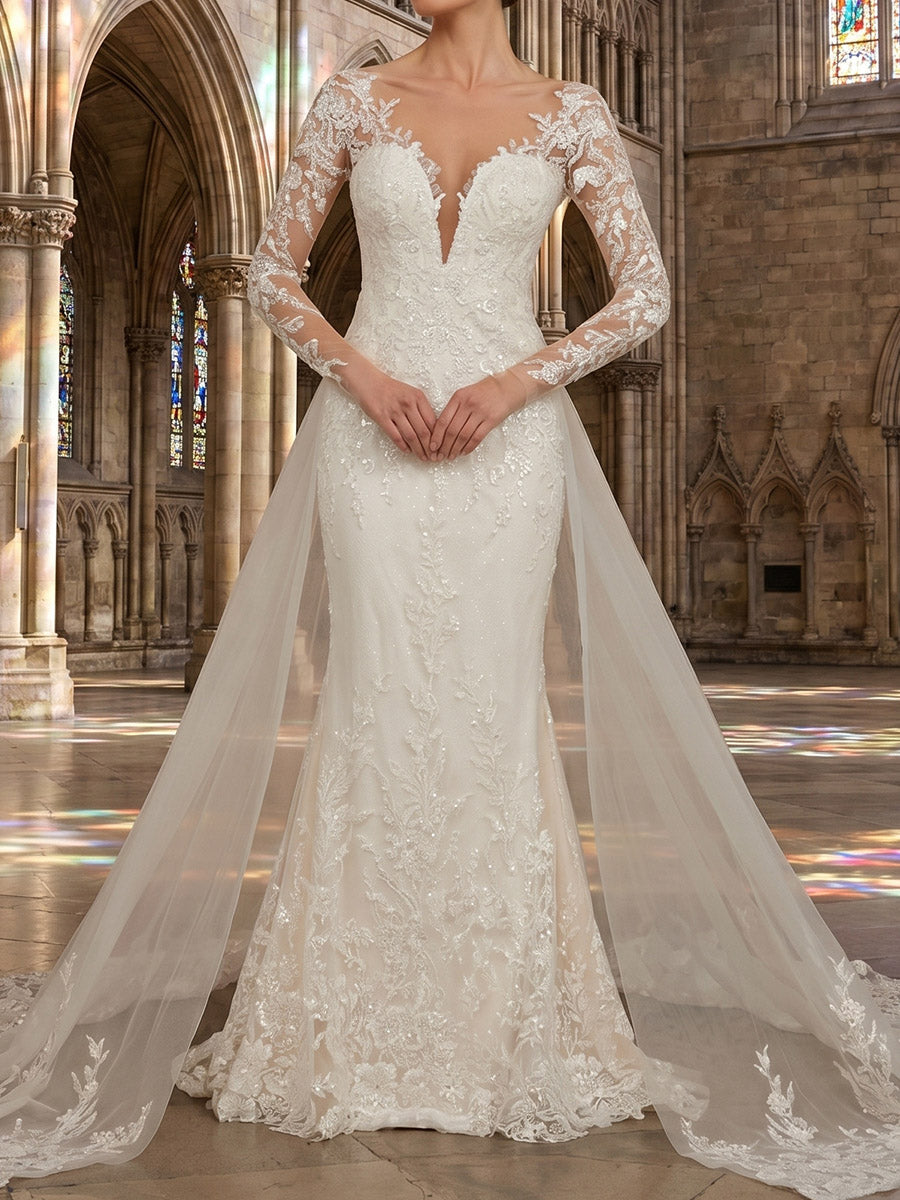Sheath/Column V-neck Long Sleeves Appliques Lace Court Train Lace Wedding Dresses