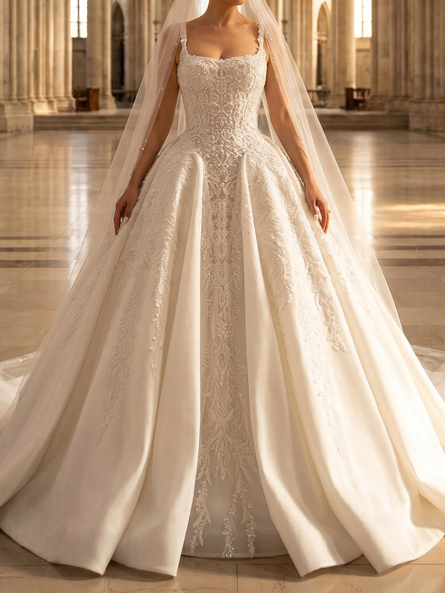 A-line/Princess Square Beading Court Train Satin Wedding Dresses