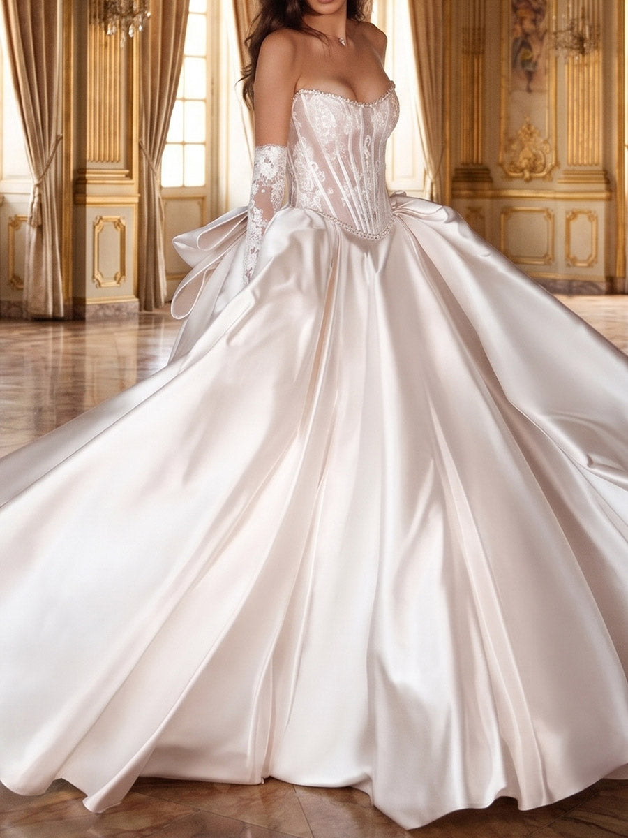 A-line/Princess Straight Bow Sweep Train Satin Wedding Dresses
