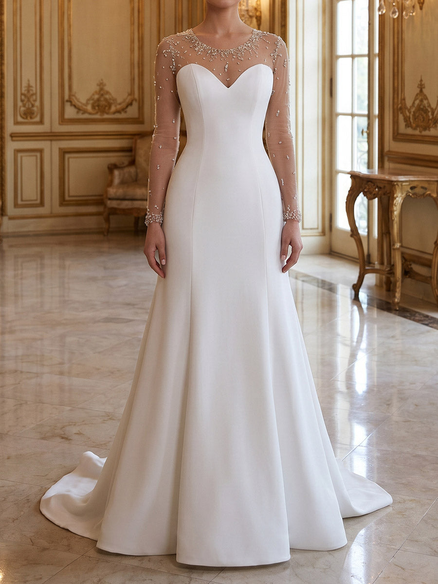 Sheath/Column Illusion Long Sleeves Beading Sweep Train Satin Wedding Dresses