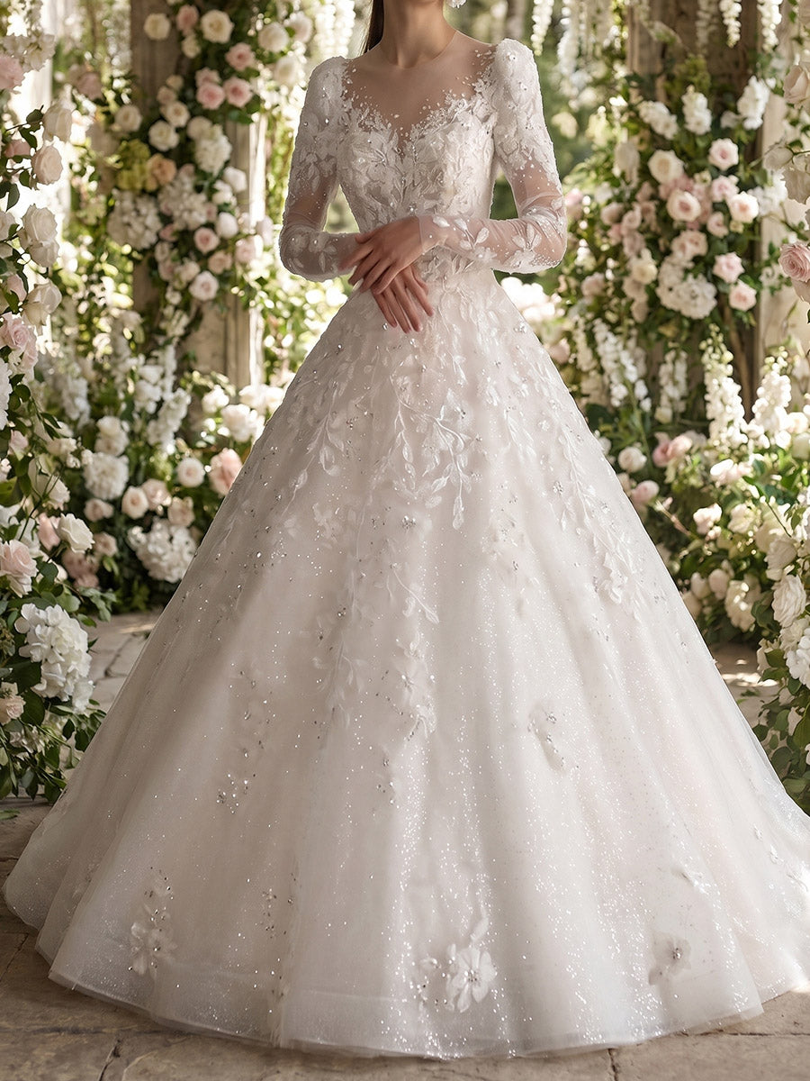 A-line/Princess V-neck Long Sleeves Appliques Lace Sweep Train Tulle Wedding Dresses