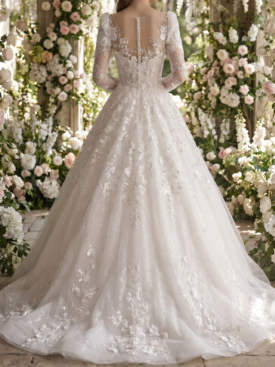 A-line/Princess V-neck Long Sleeves Appliques Lace Sweep Train Tulle Wedding Dresses