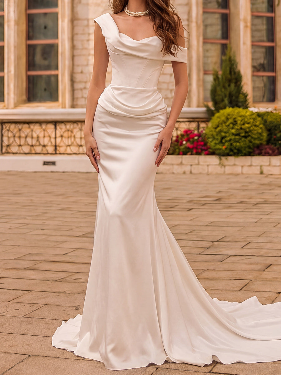 Sheath/Column One-Shoulder Pleated Sweep Train Silk Like Satin Wedding Dresses