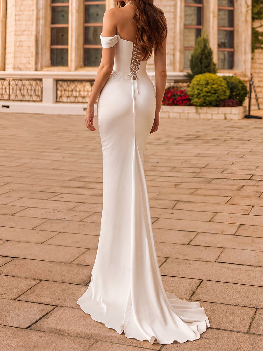 Sheath/Column One-Shoulder Pleated Sweep Train Silk Like Satin Wedding Dresses