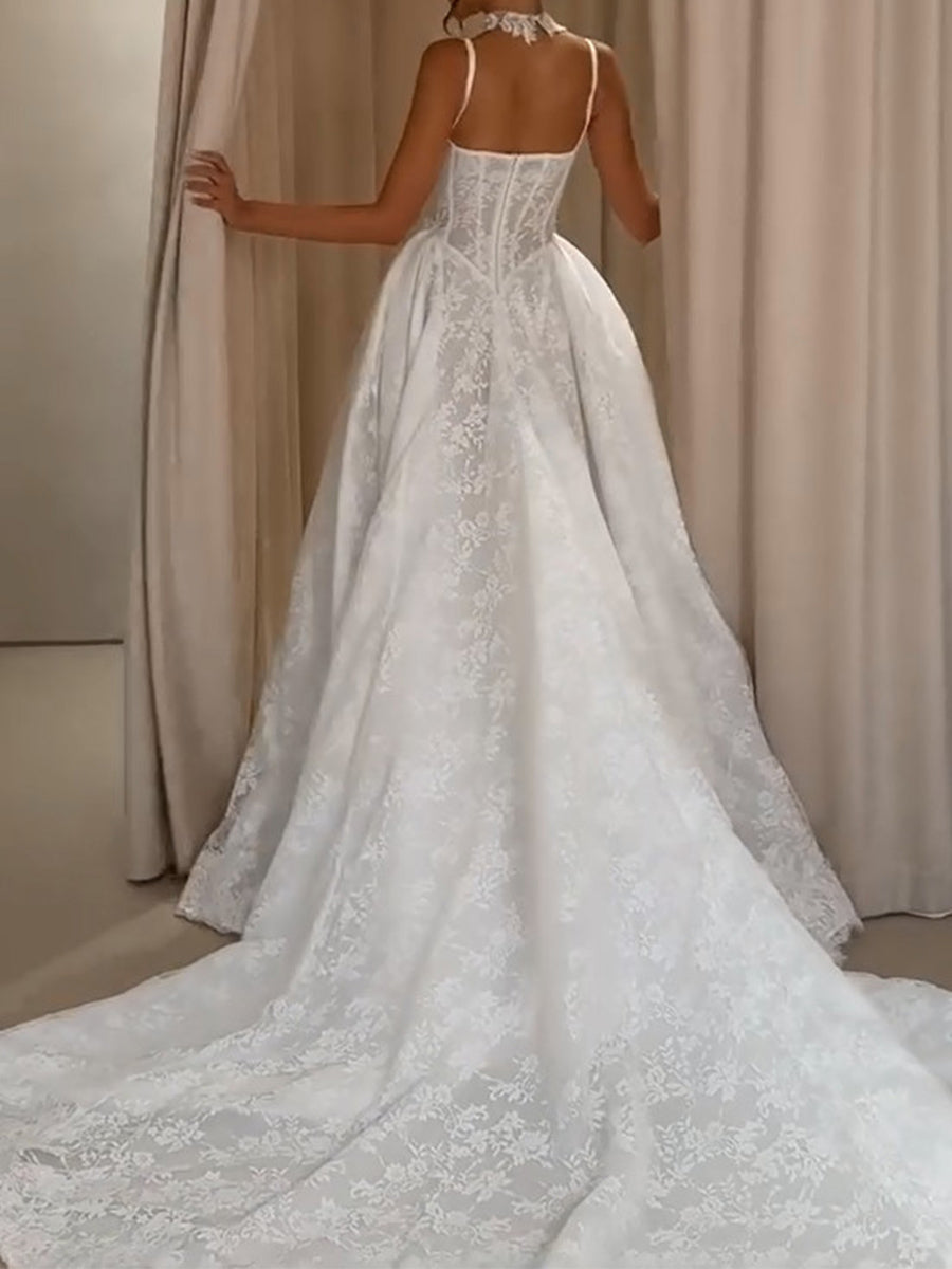 A-line/Princess Straps Appliques Lace Chapel Train Lace Wedding Dresses