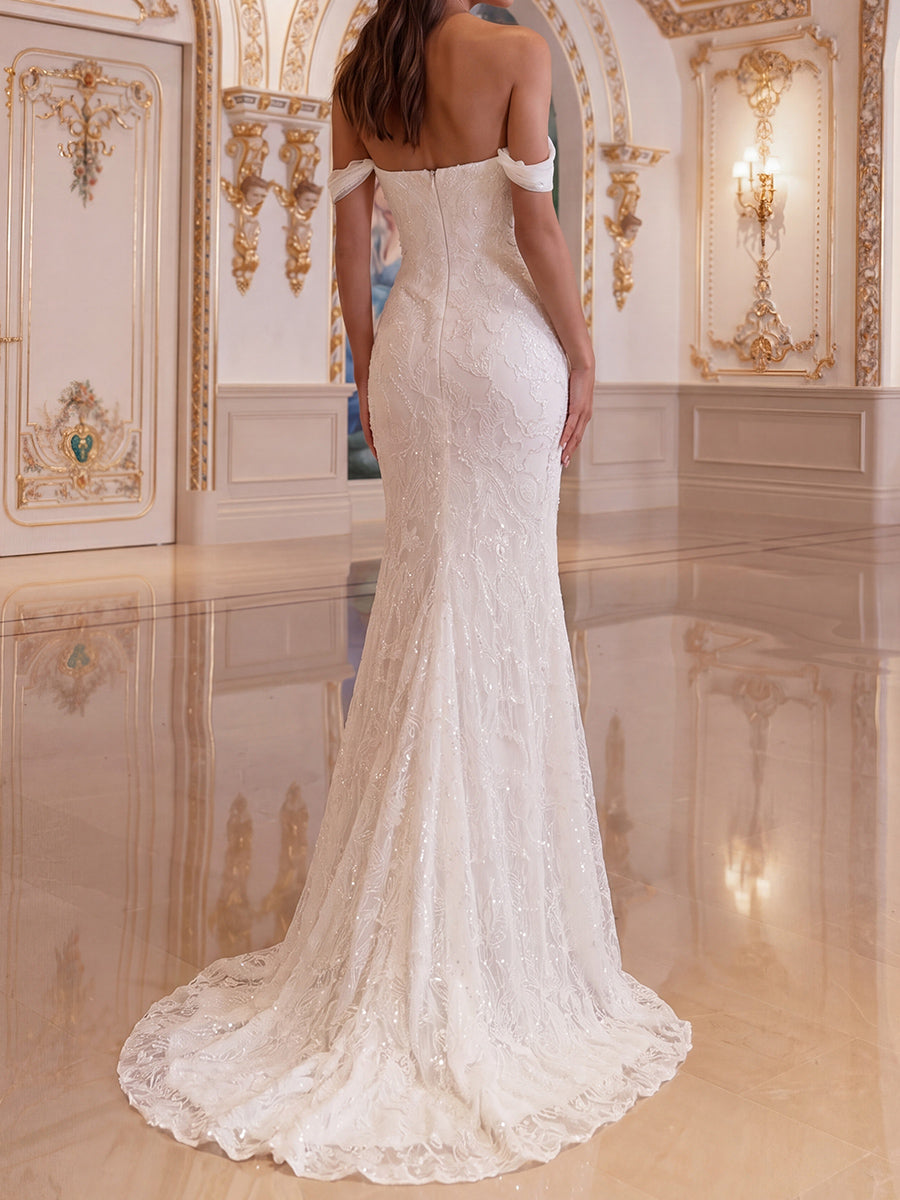 Trumpet/Mermaid Straight Sequin Sweep Train Lace Wedding Dresses