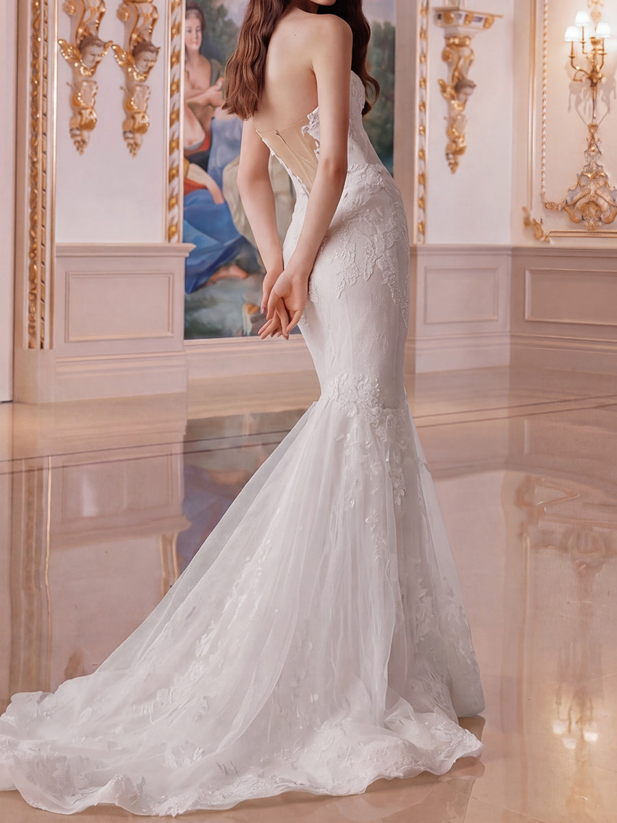 Trumpet/Mermaid Sweetheart Appliques Lace Court Train Lace Wedding Dresses
