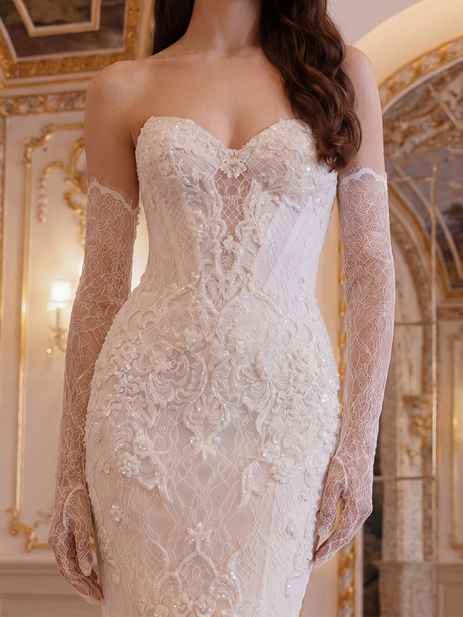 Trumpet/Mermaid Sweetheart Appliques Lace Court Train Lace Wedding Dresses
